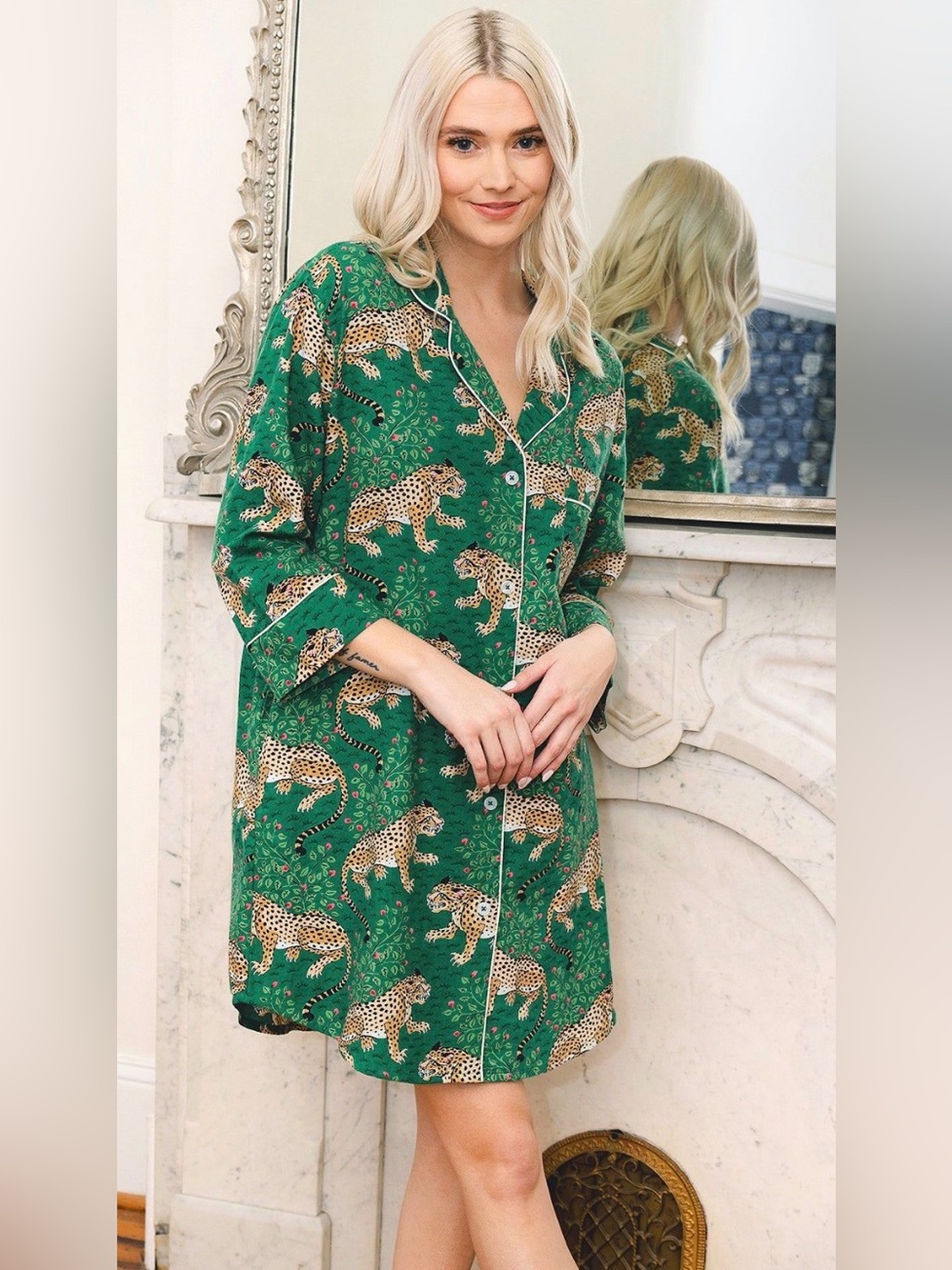 Green Leopard-Print Button-Front Sleep Shirt Anthro PrintFresh Bagheera 1X EUC